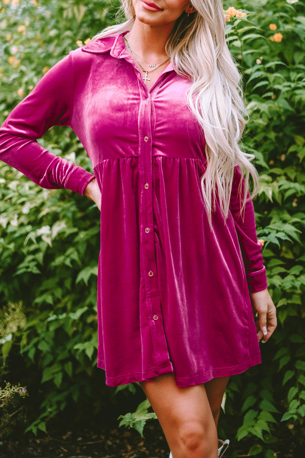 Women's Button Up Ruffle-Trimmed Velvet Dress