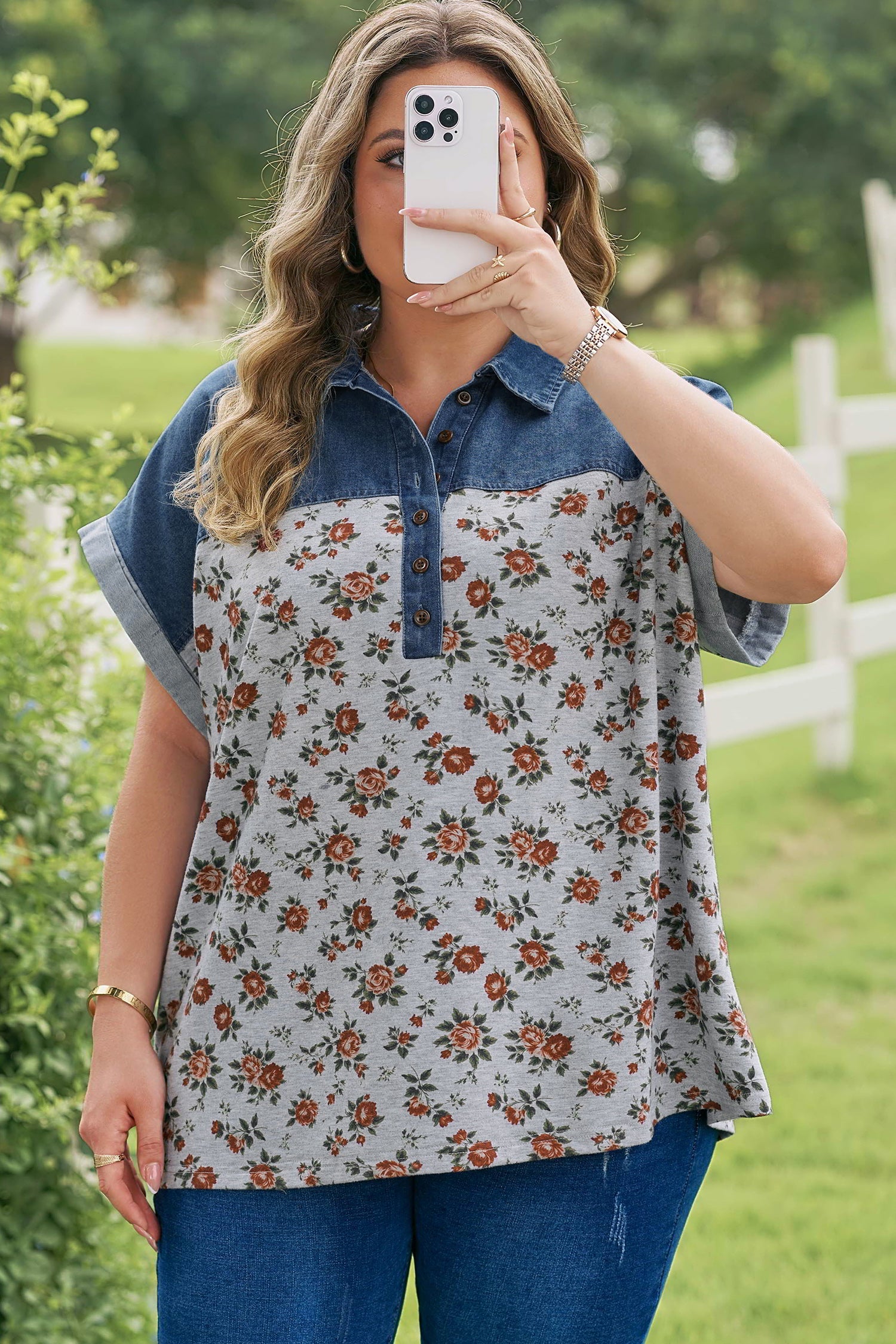 Floral-Print Denim Retro Denim Patchwork Plus Size Polo Tee in Gray