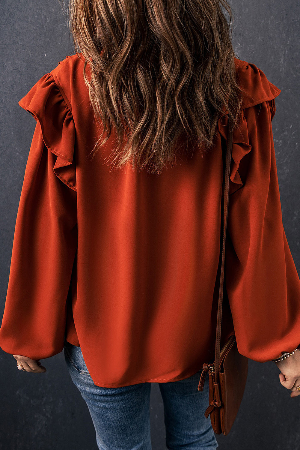 Women's Button-Front V Neck Ruffle-Trimmed Pleat-Detail Blouse