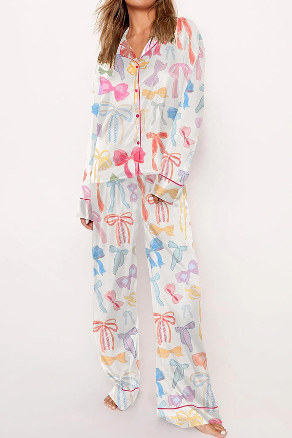Bow Knot Print Lapel Collar Wide-Leg Satin Pajama Set
