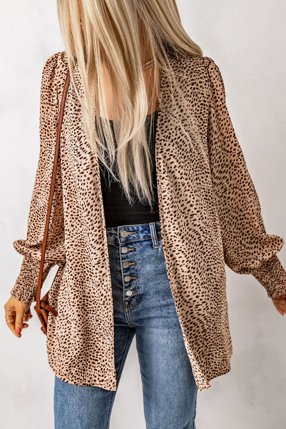 Cardigan for Women Animal Print Shirred Apricot Cuff Lantern Sleeve