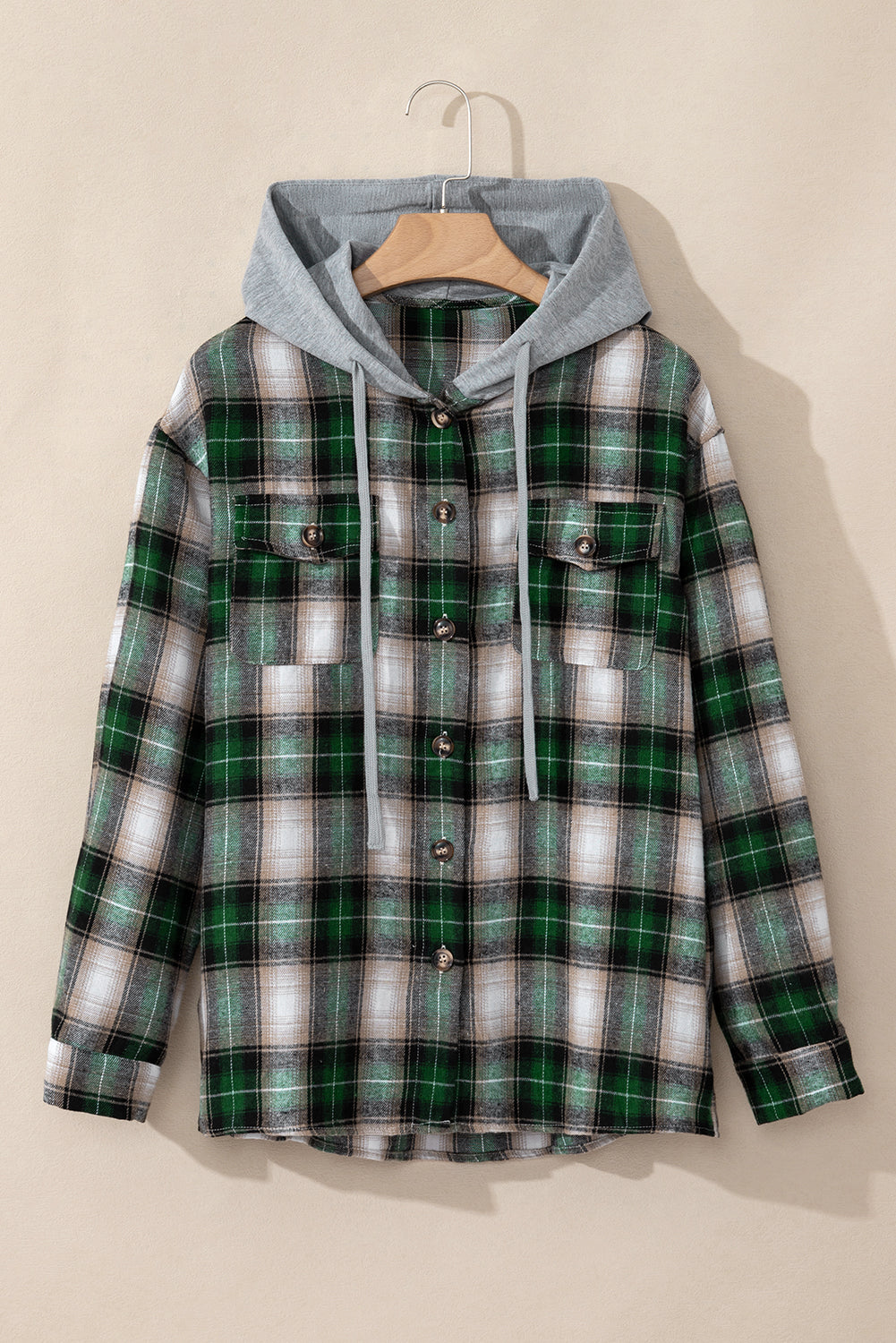 Plaid-Patterned Pattern Button-Front Hooded Shacket