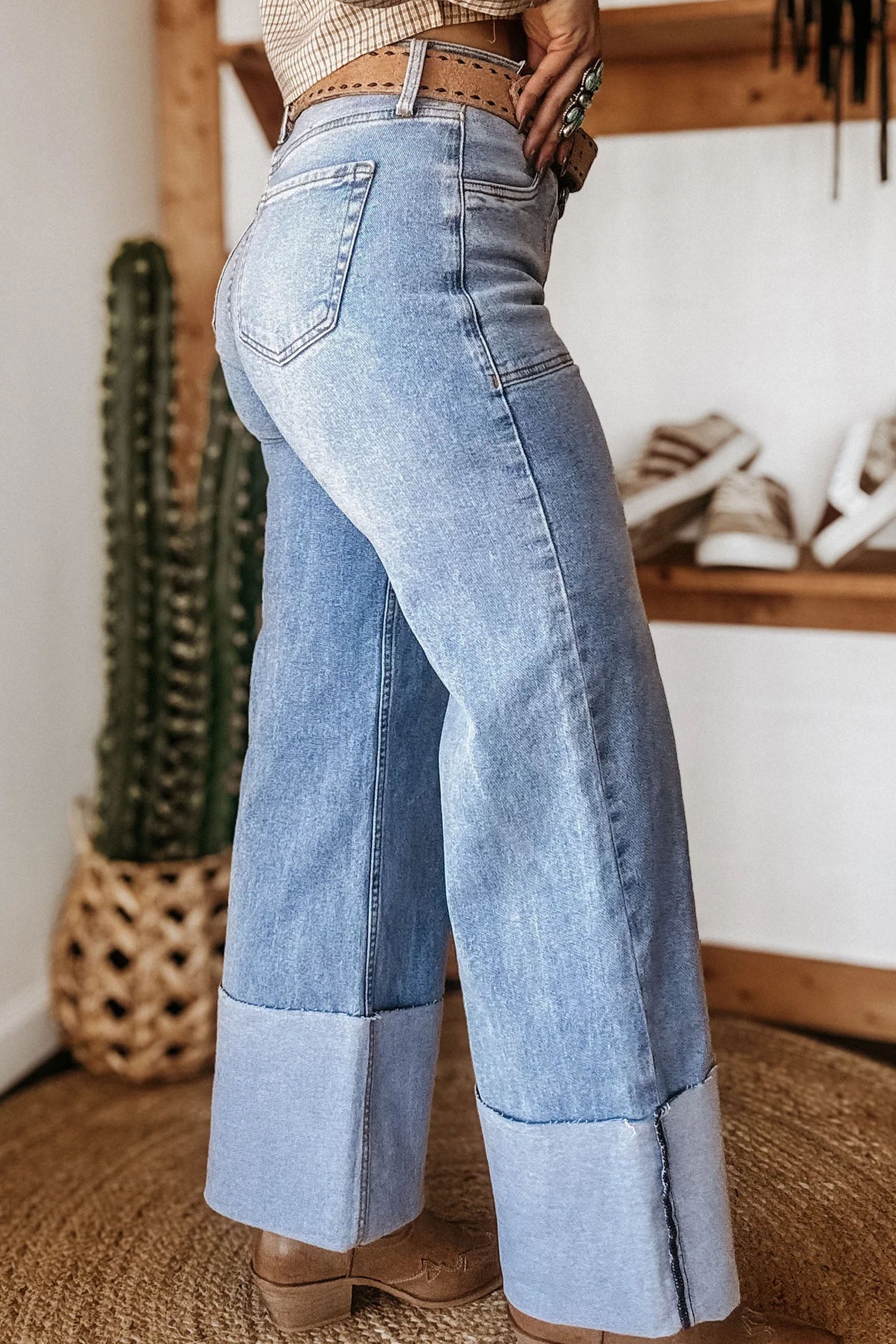 Blue Fashion Beau Turn-up Cuffs Womens Loose Jeans
