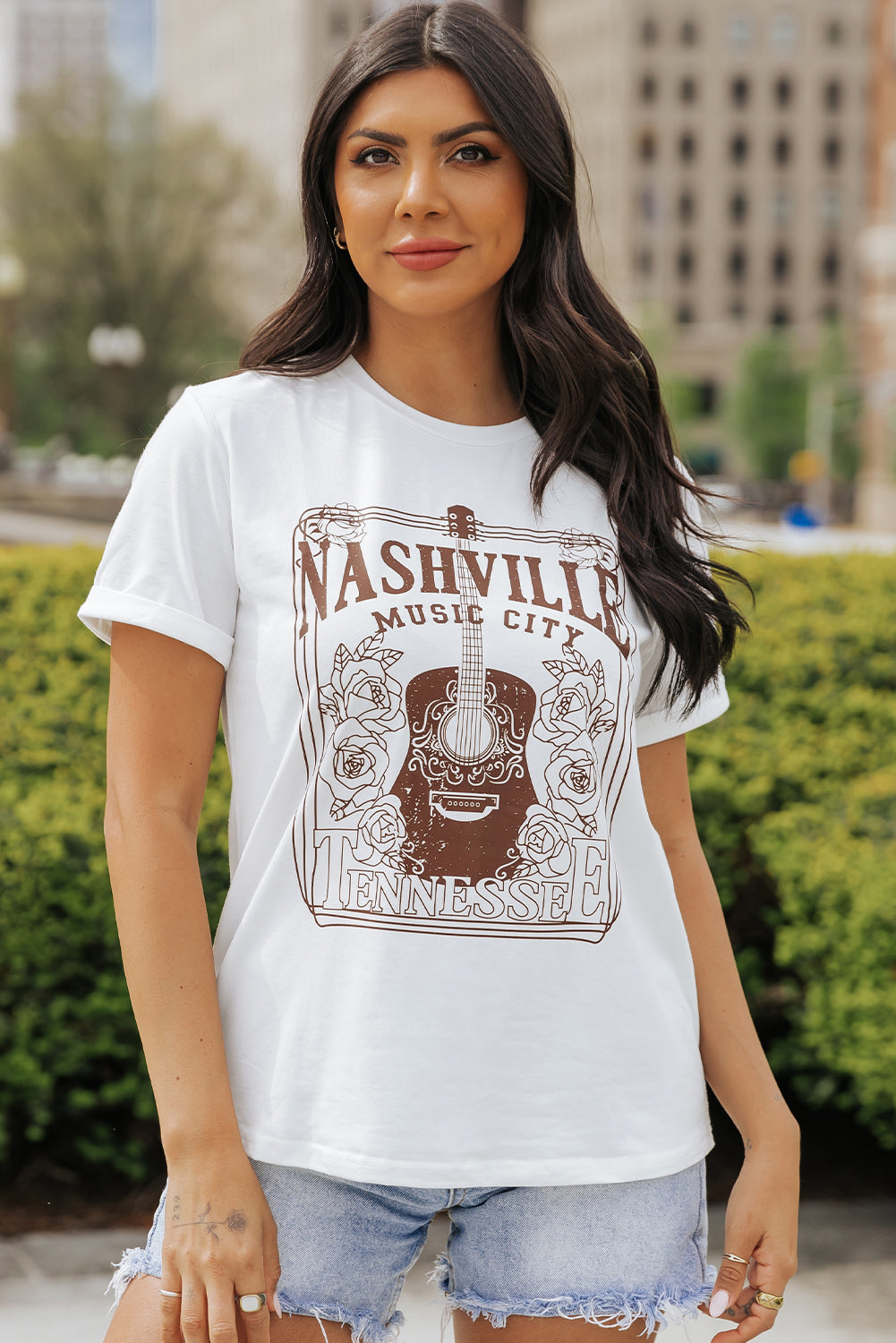 Women's NASHVILLE MUSIC CITY Graphic-Print Crew Neck Tee