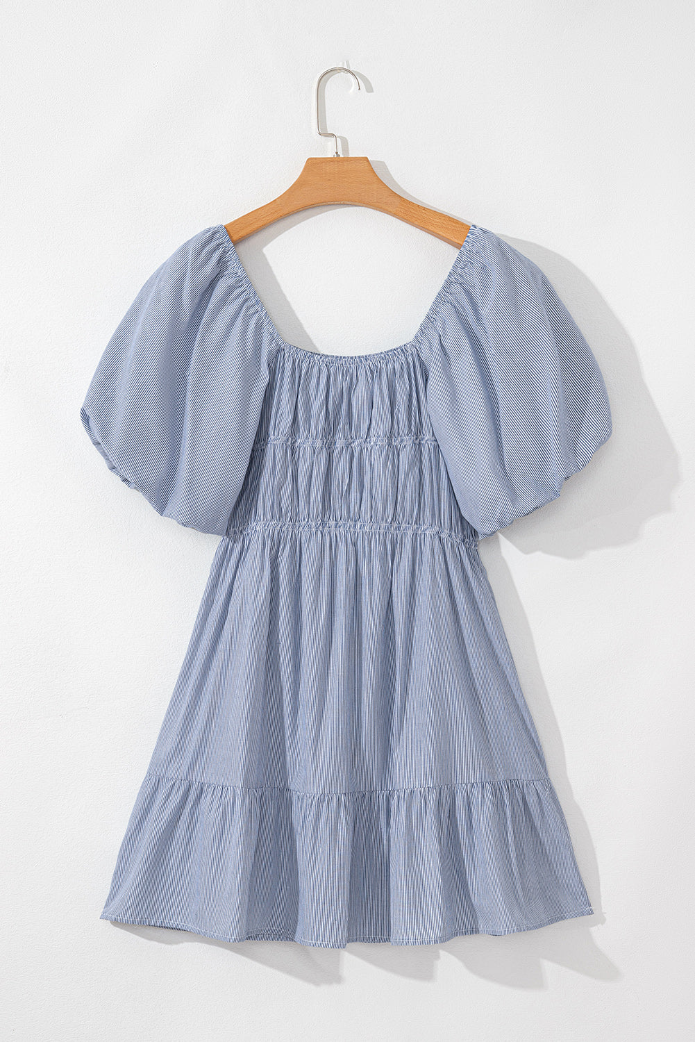 Cute Sky Blue Stripe Square Neck Ruched Babydoll Dress