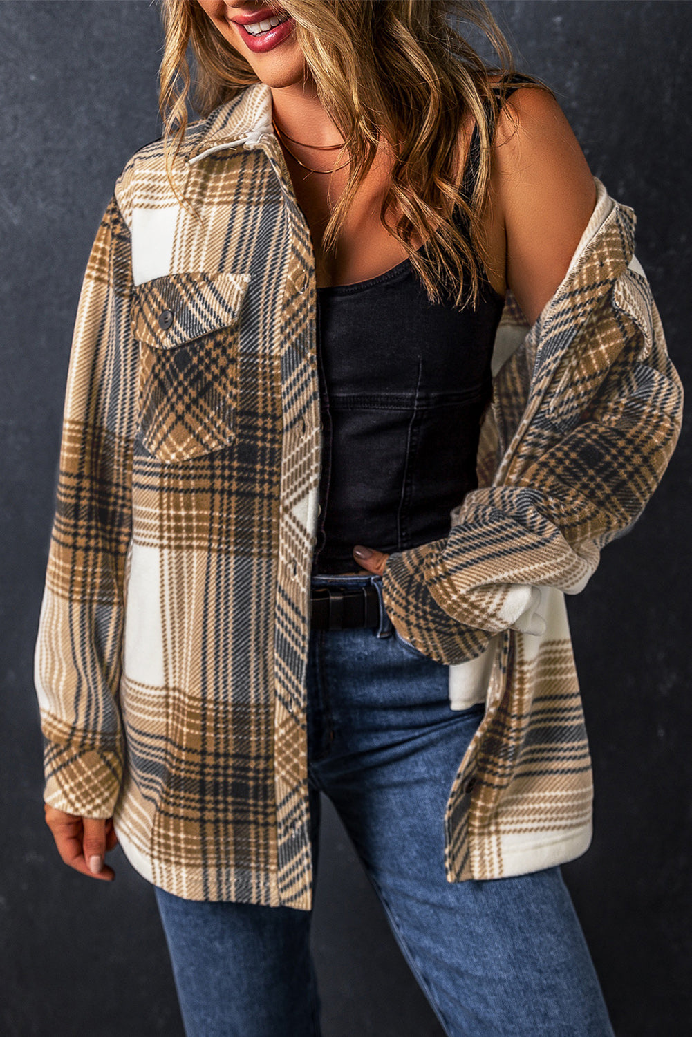 Women's Shacket Featuring Flap Pocket Plaid Print