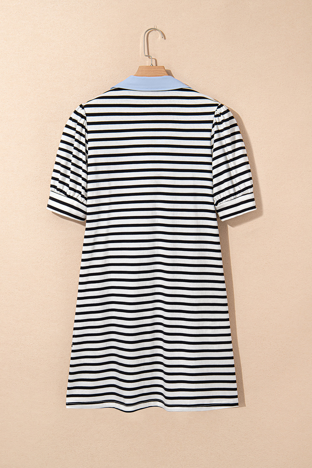 Black Stripe V Neck Collared Puff Sleeve T Shirt Mini Dress