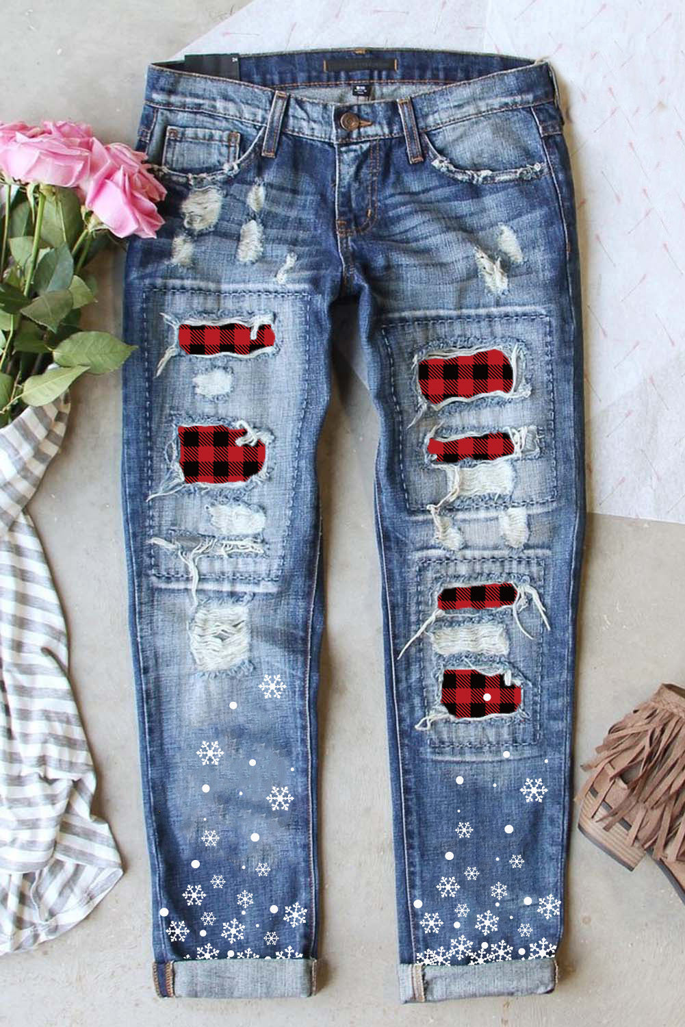 Women's Christmas Snowflake Distressed Straight Jeans