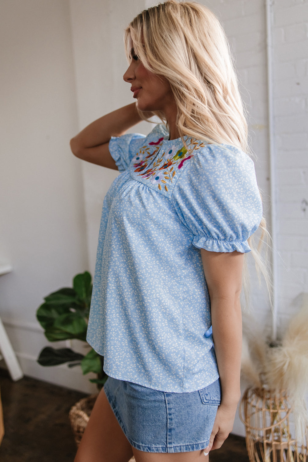 Sky Blue Floral Embroidered Notched V Neck Blouse