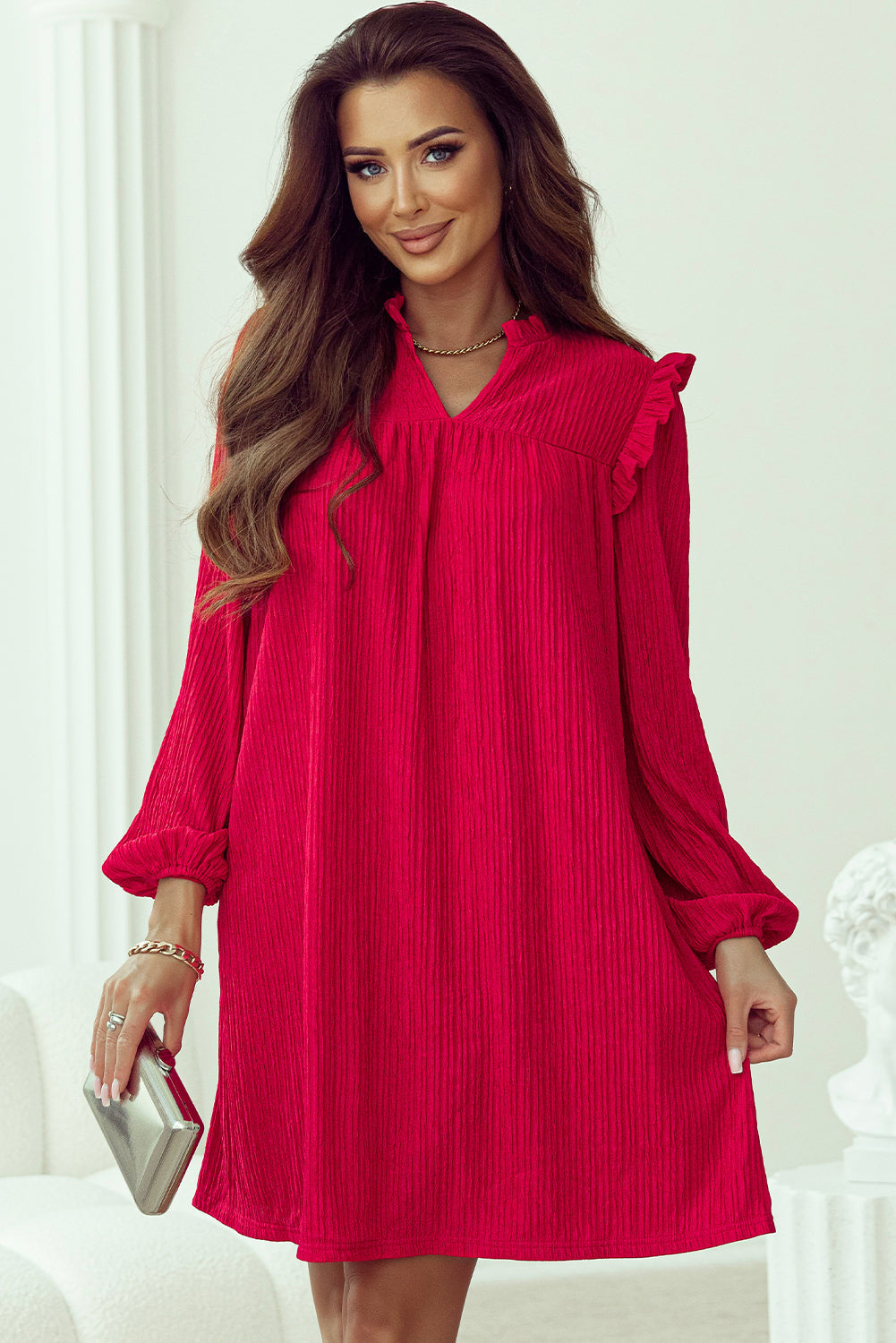 Mini Dress for Women Textured Ruffle-Trimmed Trim
