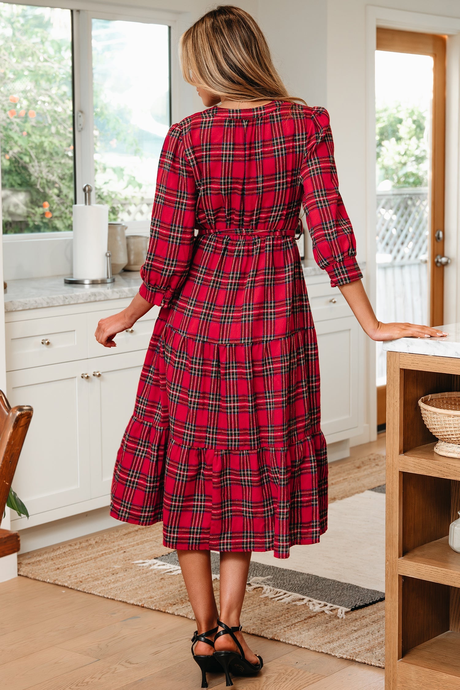 Christmas Plaid V-Neck 3/4 Sleeve Tie Waist Ruffle Hem Long Dress