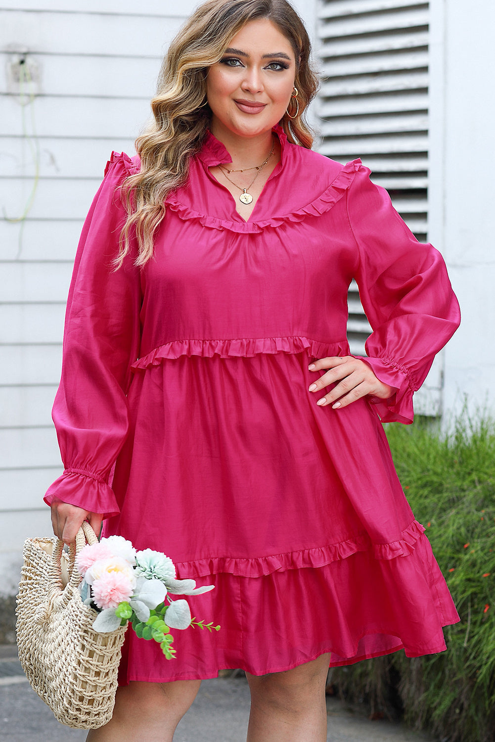 Dress for Women Plus Size Ruffle-Trimmed Bubble Sleeve