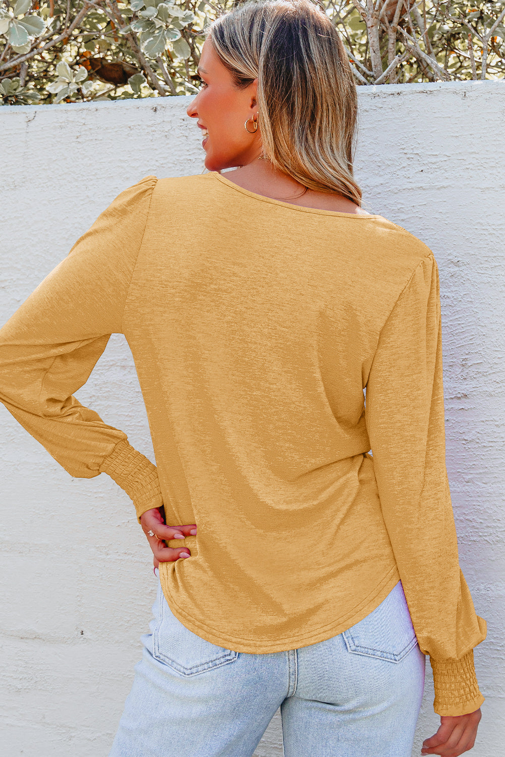 Shirred Shoulder Frilled Cuffs Long-Sleeved Top
