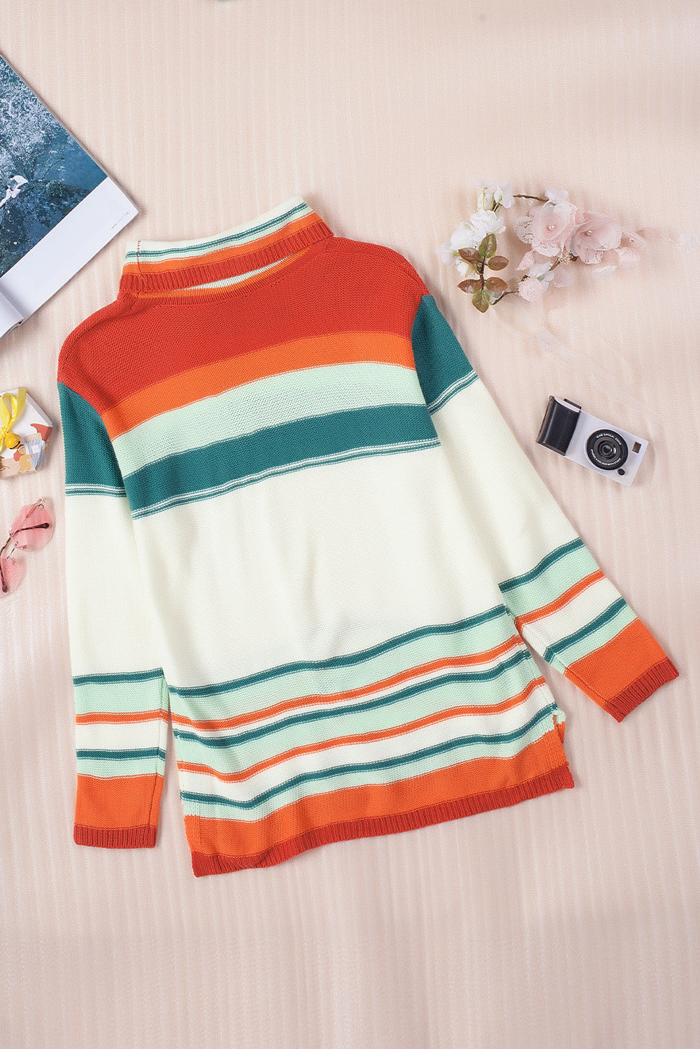 Knit Sweater for Women Cowl Neck Color-Block