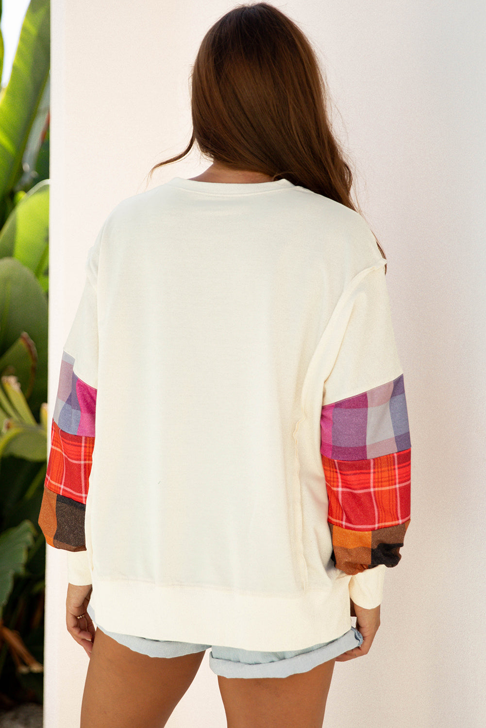 Contrast Plaid Long-Sleeved Exposed Seam Patchwork Top in Beige