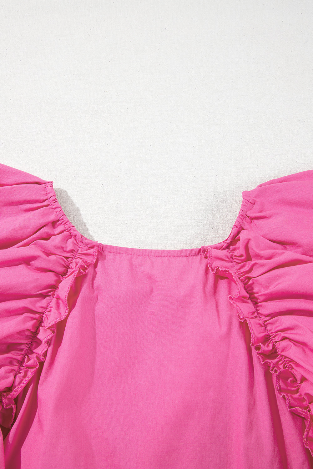 Pink Shirred Yoke Lace up V Neck Ruffled Sleeve Blouse