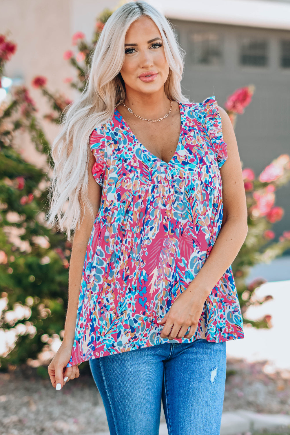 Women's Tank Top with Bohemian Pattern Flounce