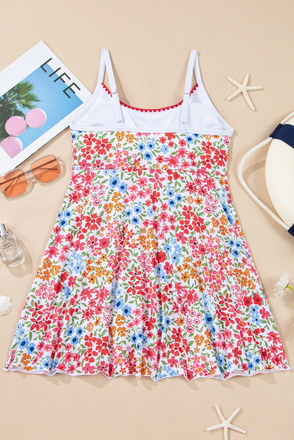 Trim Floral-Print Ricrac Spaghetti Strap One Piece Swim Dress in Red