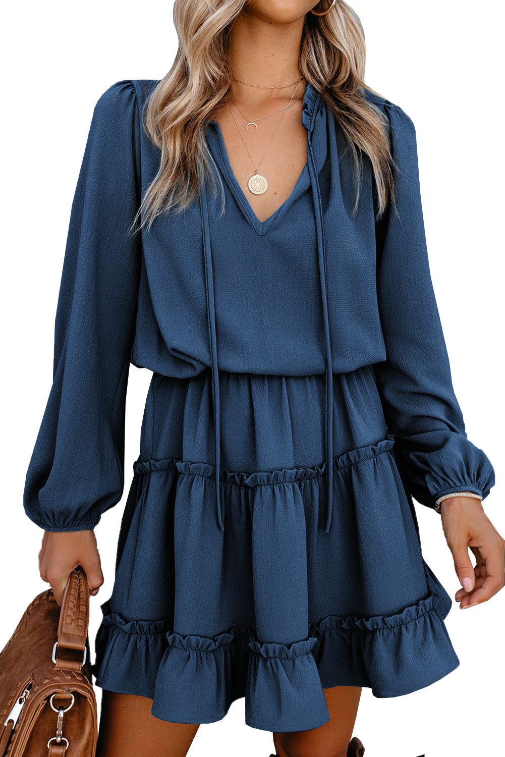 Dark V-Neck Long-Sleeved Ruffle Tiered Mini Dress