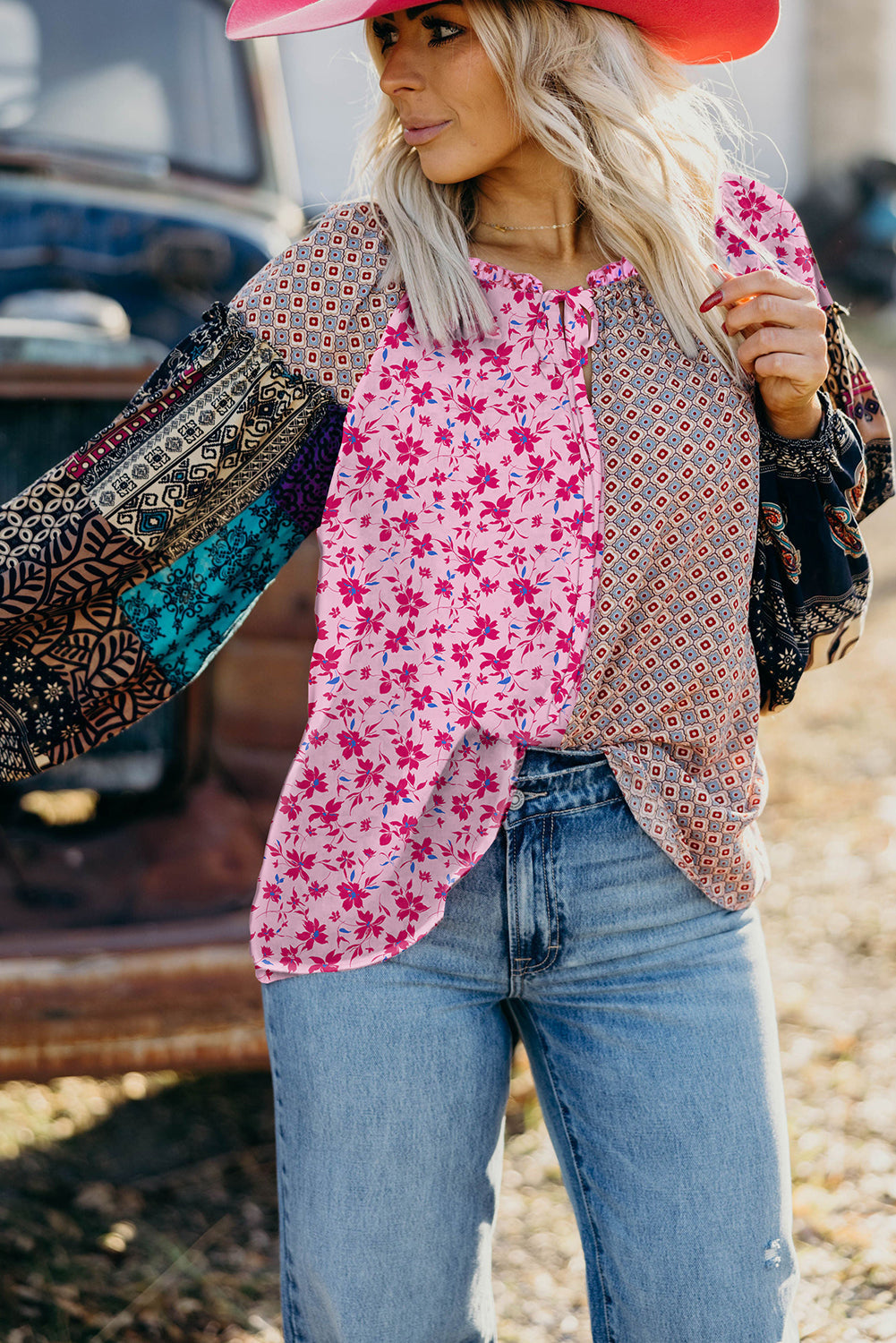 Boho Drop-Shoulder Mixed Floral Bubble Sleeve Blouse