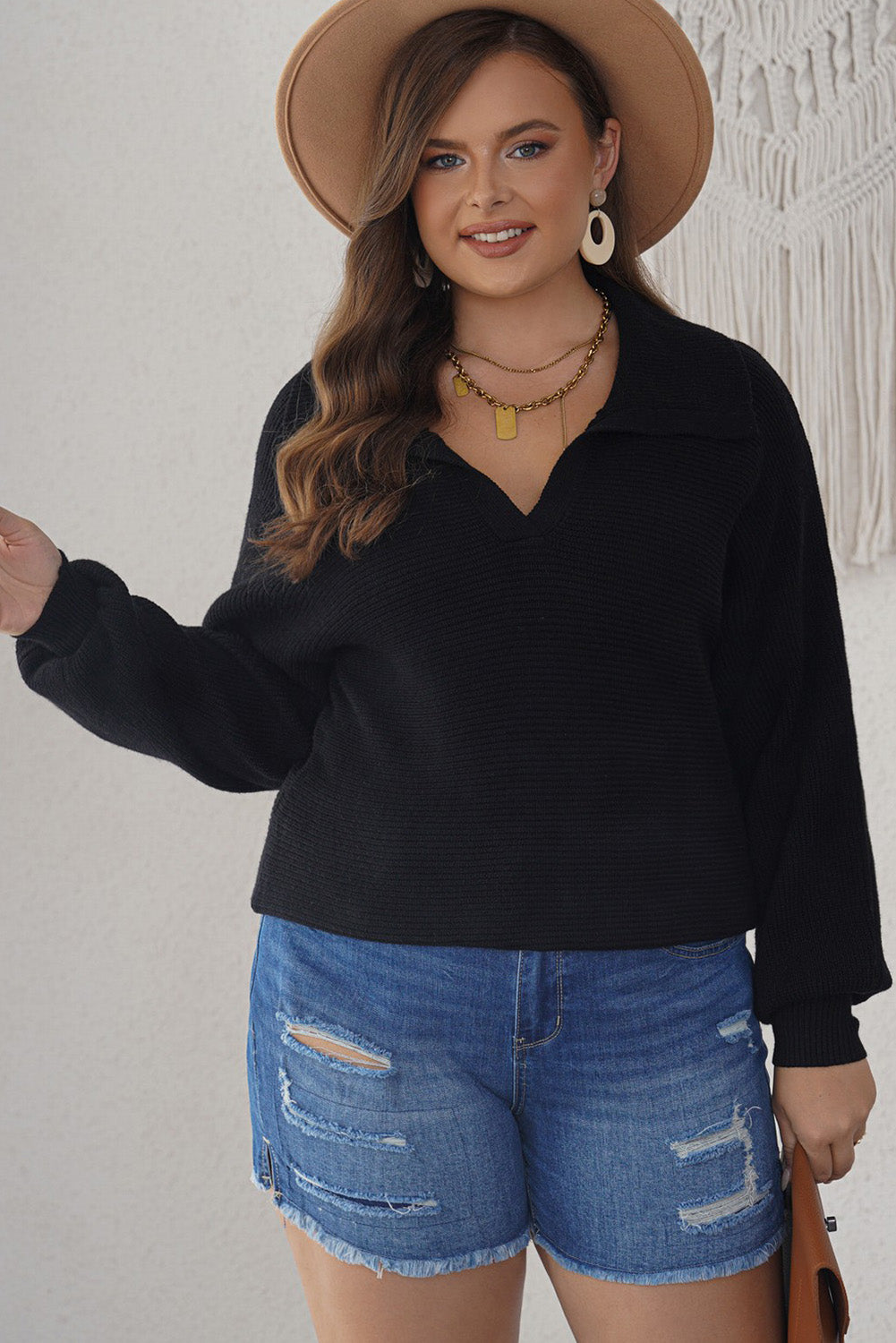 Women's Knitted Lapel Collar Curvy Rib-Knitted Sweater
