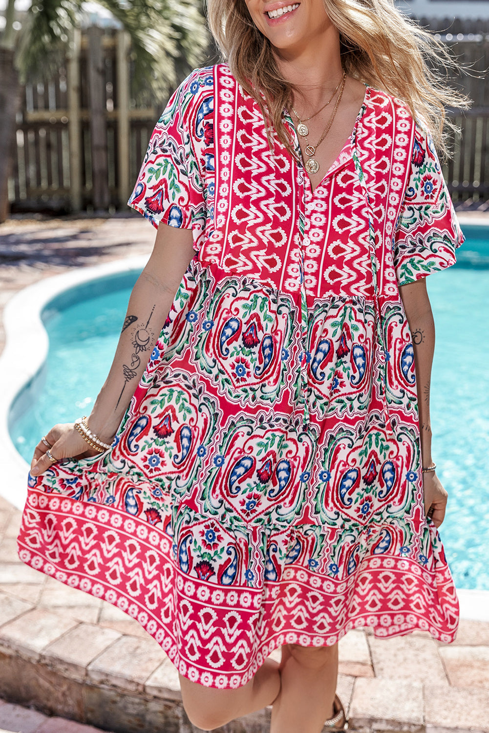 Women's Bohemian Ruffle-Trimmed Hem Short Dress
