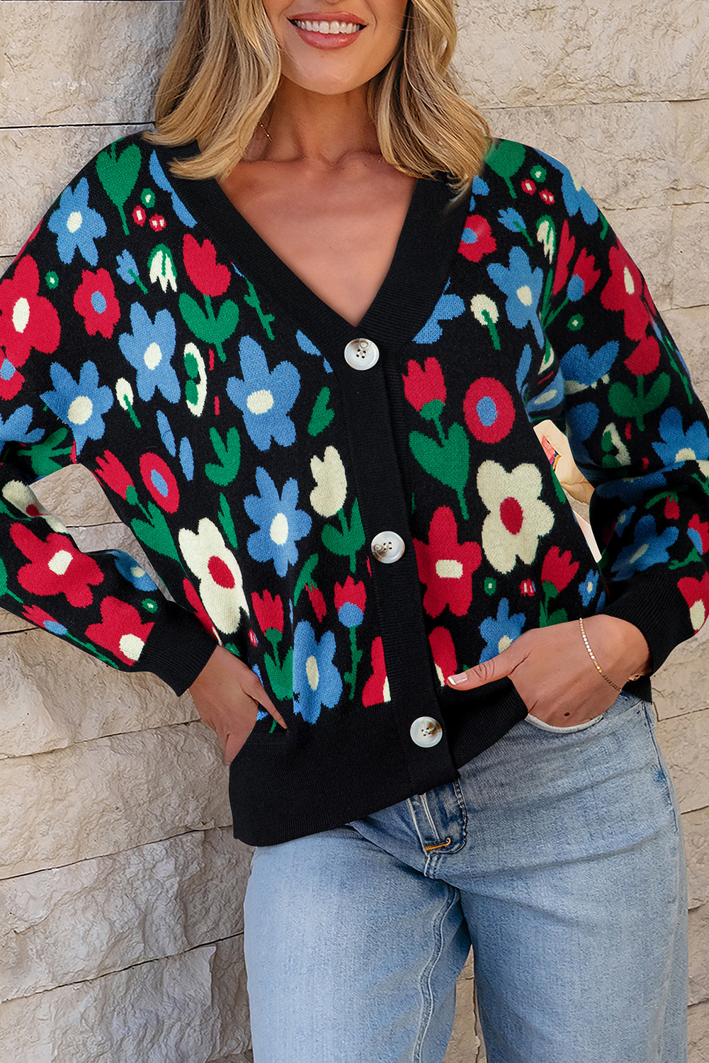 Floral-Print Short V-Neck Button-Front Cardigan Knit Top in Black