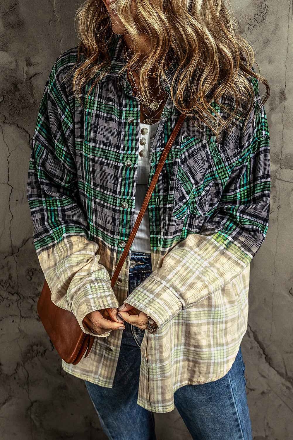 Women's Shacket with Pocket Button Plaid Chest