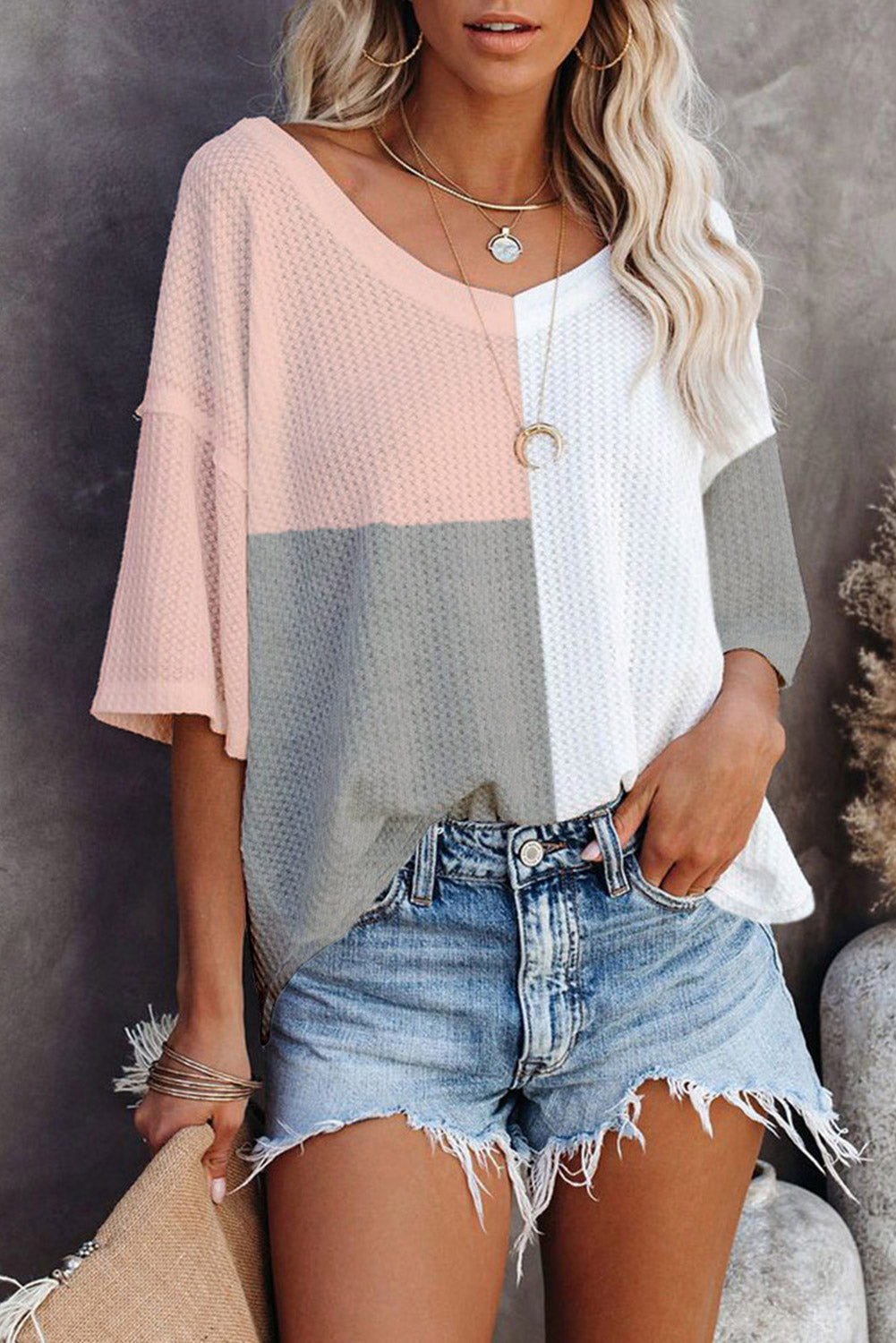 Women's Waffle Wide Sleeve Oversized Top
