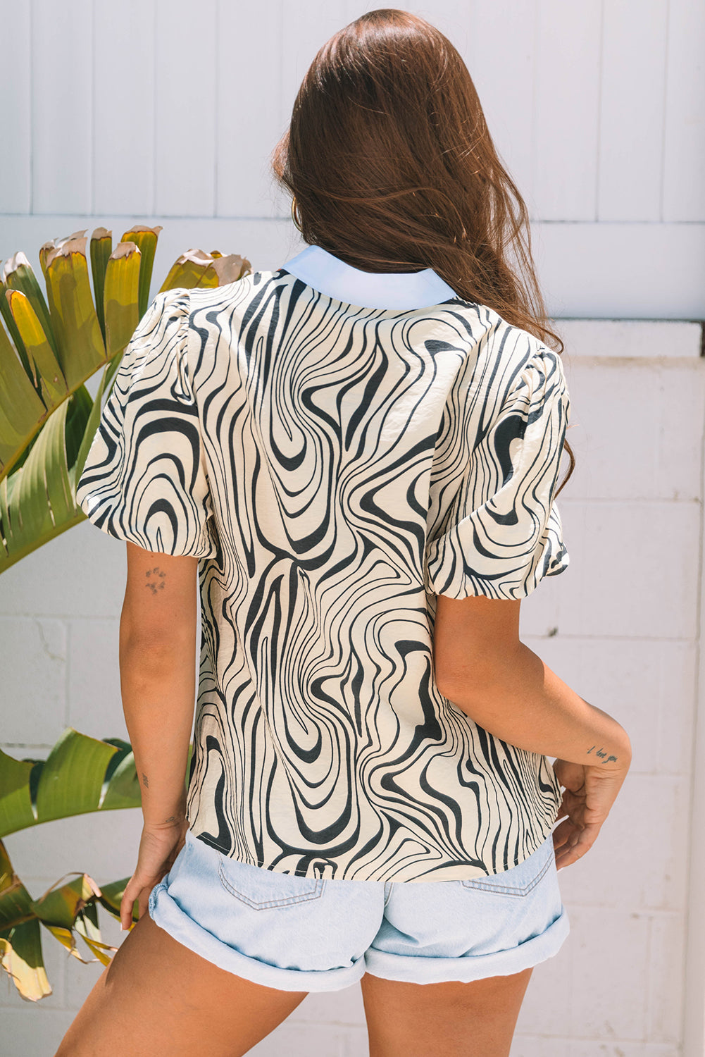 Print Zebra Stripe Contrast V-Neck Ricrac Detail Short-Sleeved Blouse Top