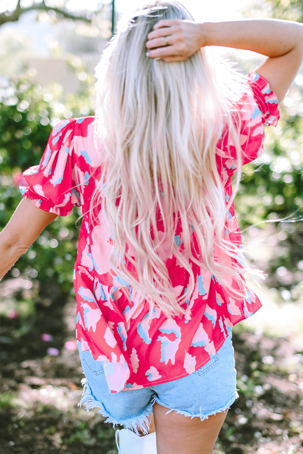 Women's Blouse with Shirred Balloon Sleeve V Neck