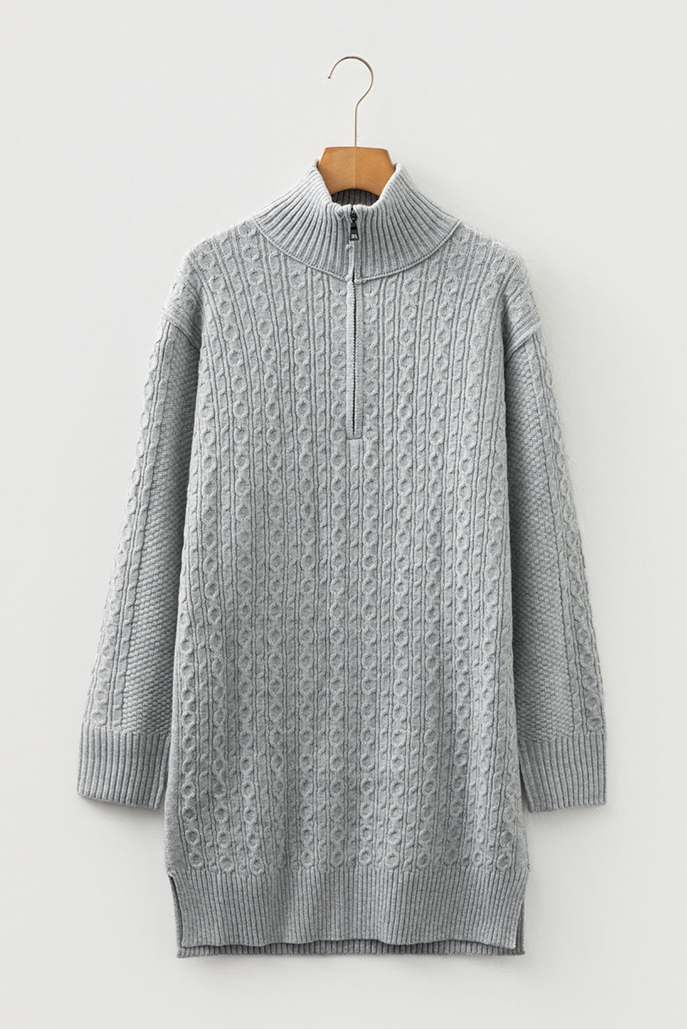 Knit High Cable Quarter Zip Rib-Knit Trim Loose Knit Top Dress