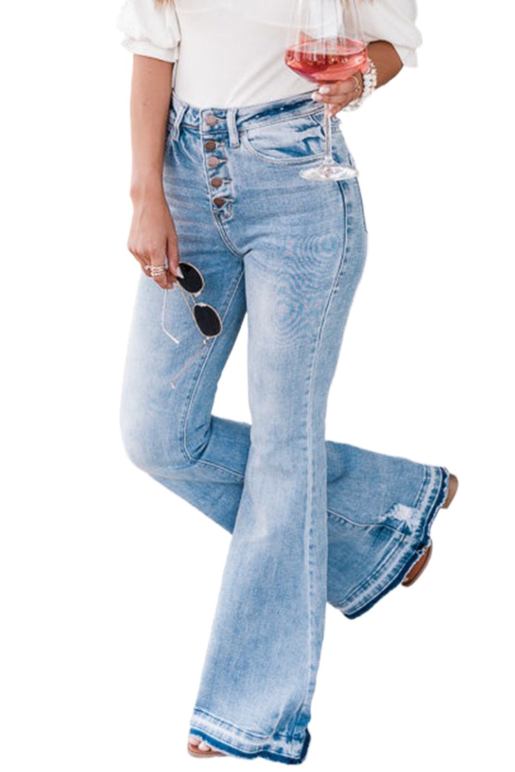 Women's High-Rise Button-Front Distressed Flared Jeans