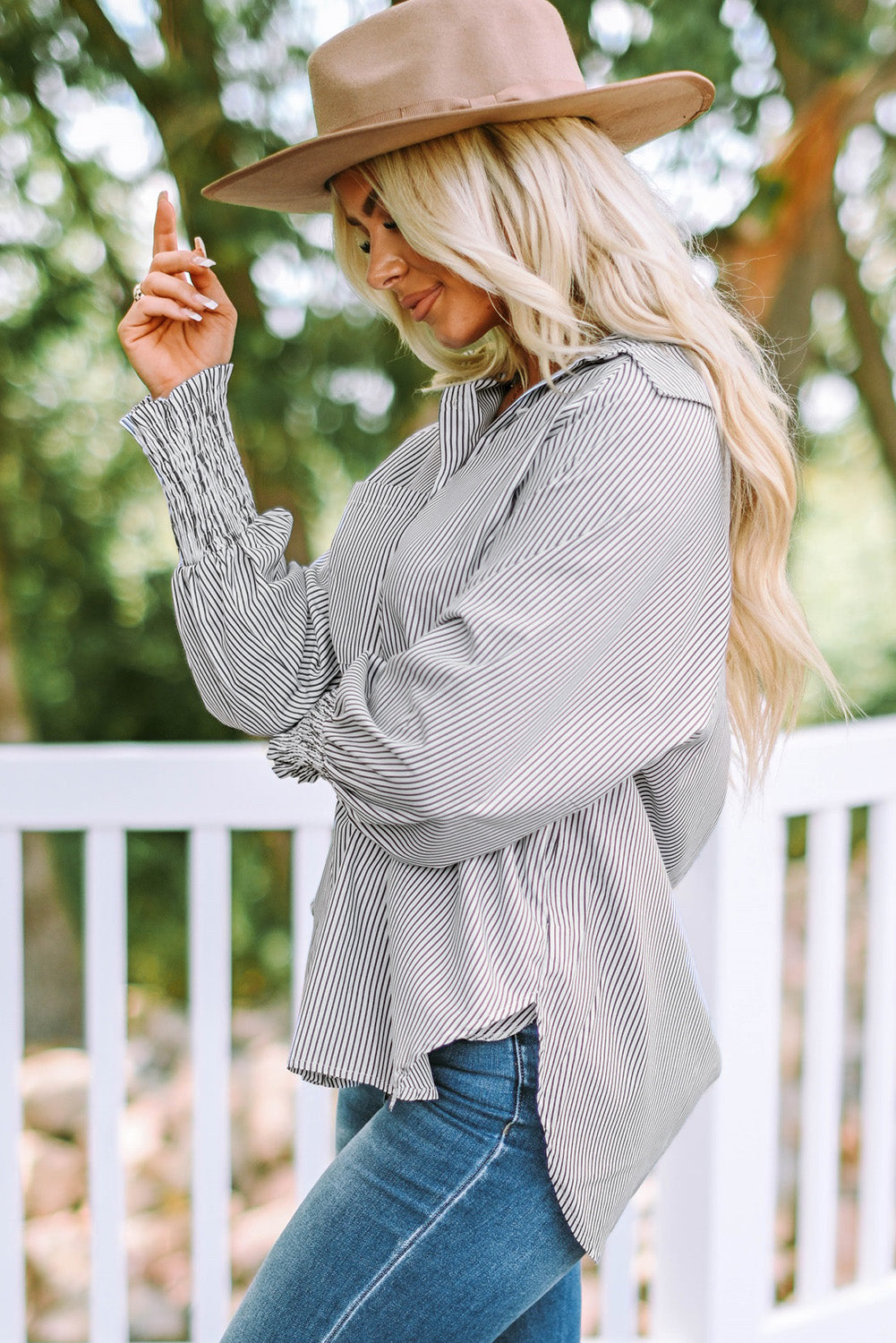 Women's Shirt with Shirred Cuffed Striped Boyfriend