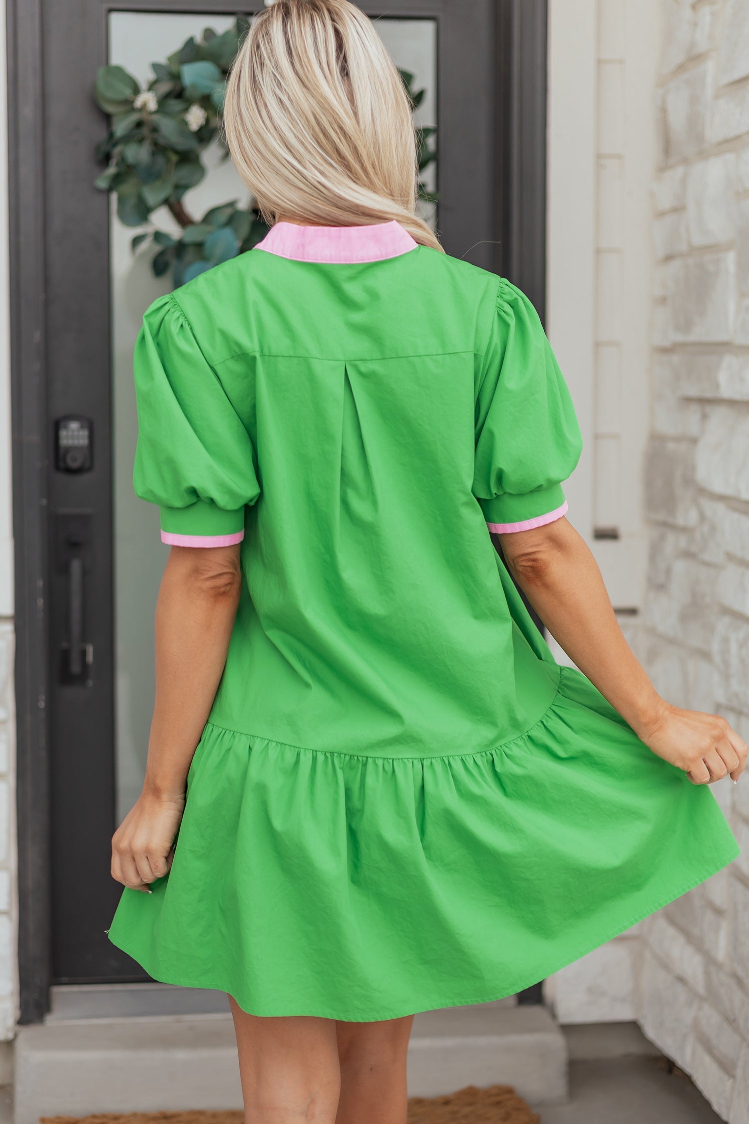 Split Neck Short Puff Sleeve Ruffle Hem Mini Dress