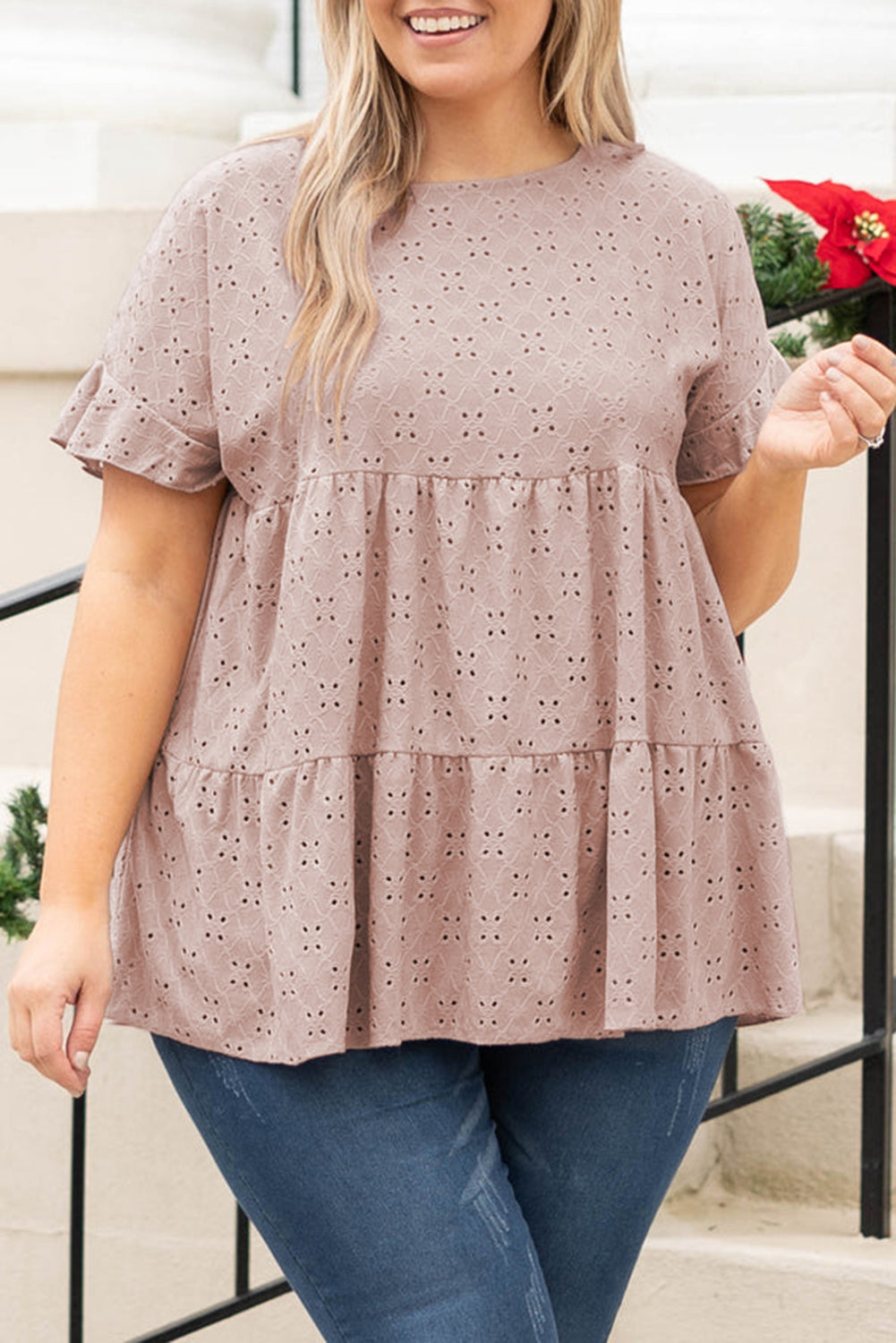 Babydoll Top for Women Plus Size Eyelet Pattern Ruffle-Trimmed Sleeve