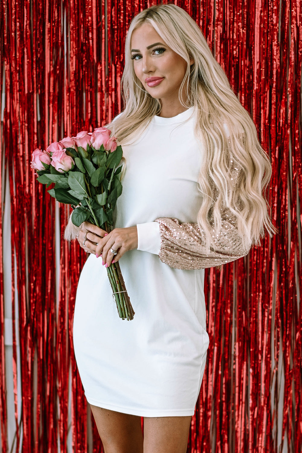 Mini Dress for Women Sequin Balloon Sleeve Shift