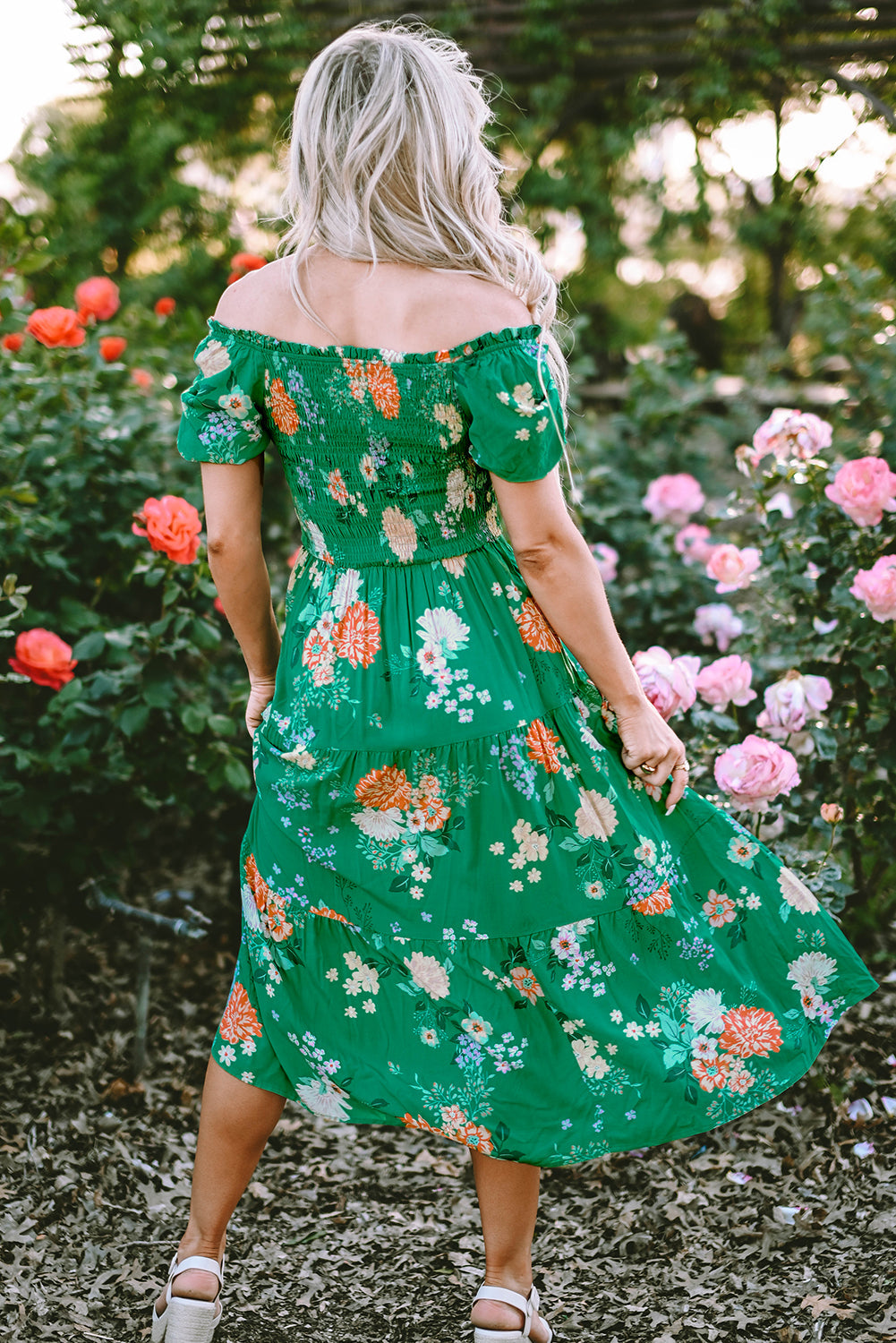 Women's Dresses Featuring Print Shirred Layered Midi Floral-Print