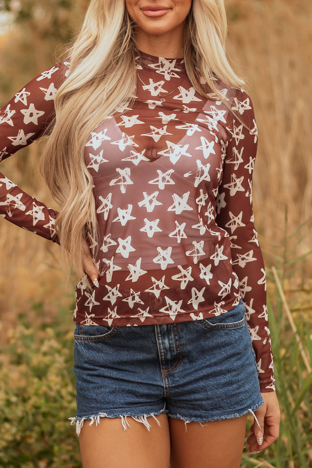 Print Mesh Star Mock-Neck Sheath Long-Sleeved Top
