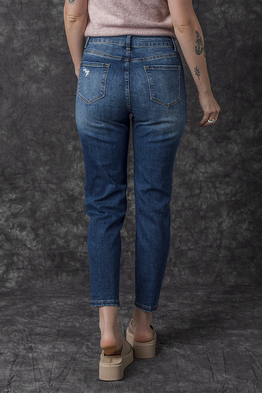 Women's Jeans Featuring Fly High-Rise Distressed Button