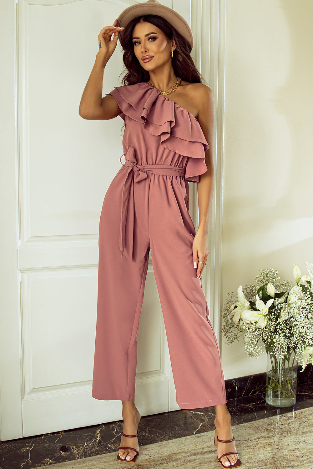 Jumpsuit for Women One Shoulder Ruffle-Trimmed Trim Belted