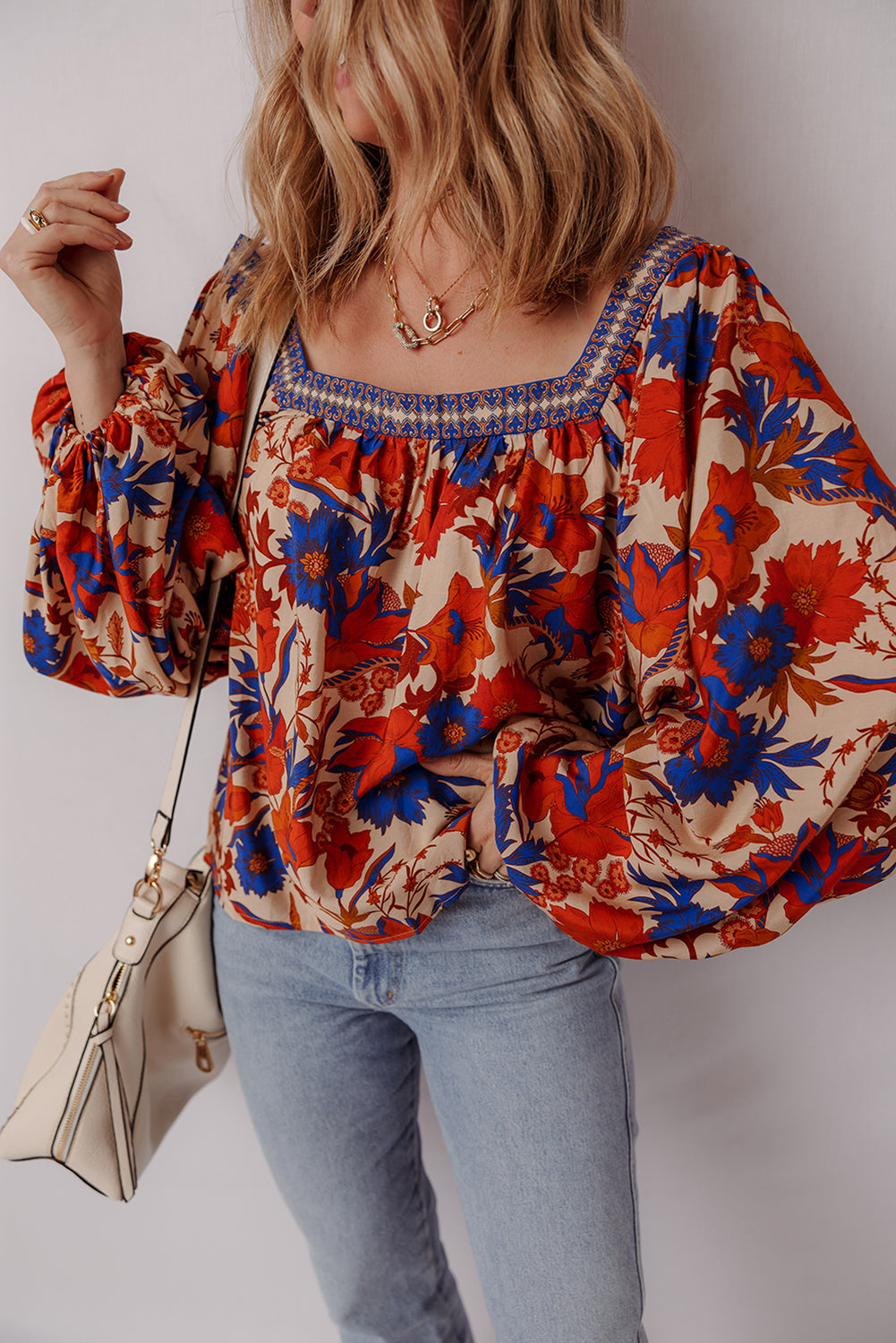 Floral-Print Square Neck Backless Easy-Fit Fit Blouse