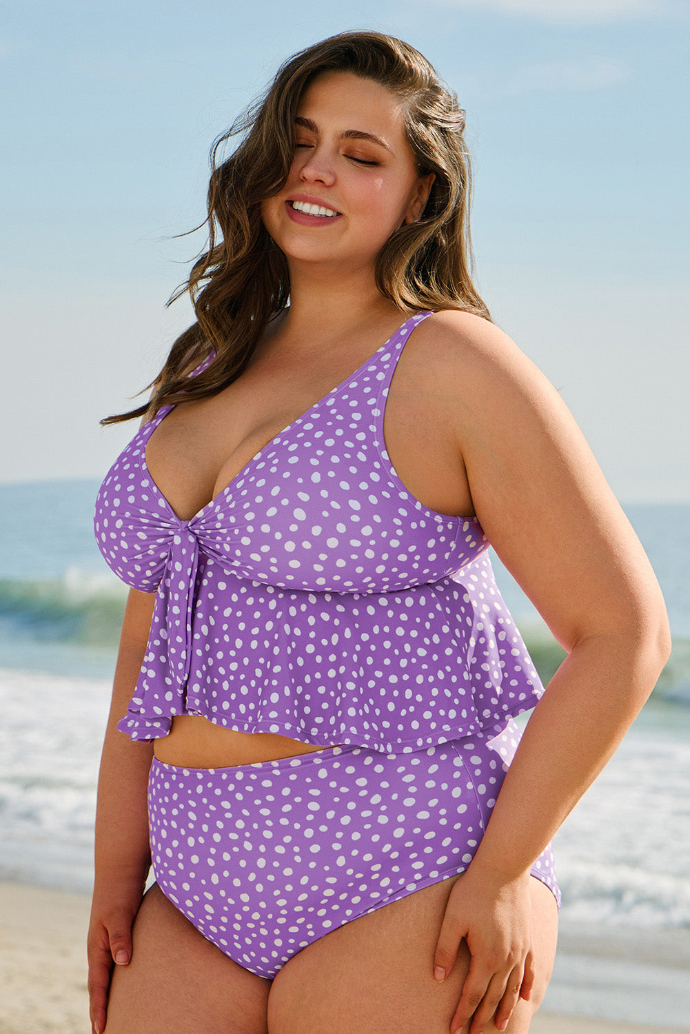 Purple Plus Size Polka Dot Print Ruffled Tankini Set