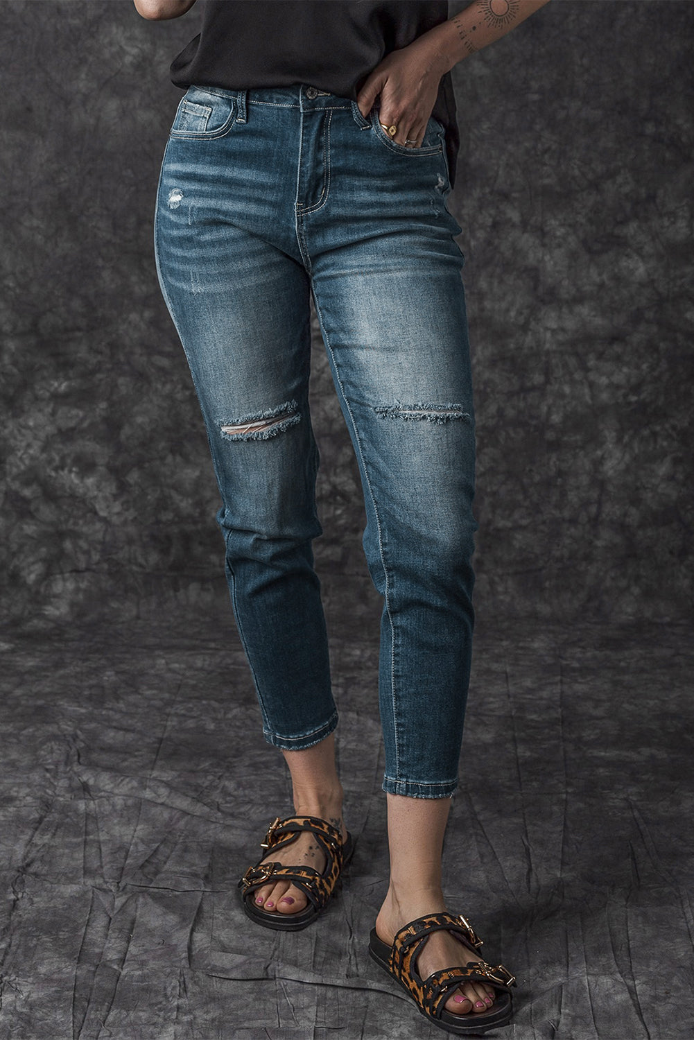 Women's Jeans Featuring Distressed Ripped Slim-Fit