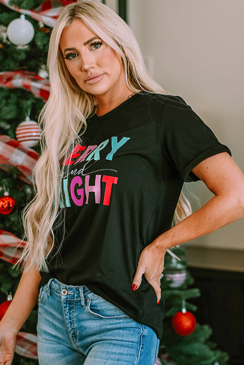 Women's MERRY and BRIGHT Crew Neck Graphic-Print Tee