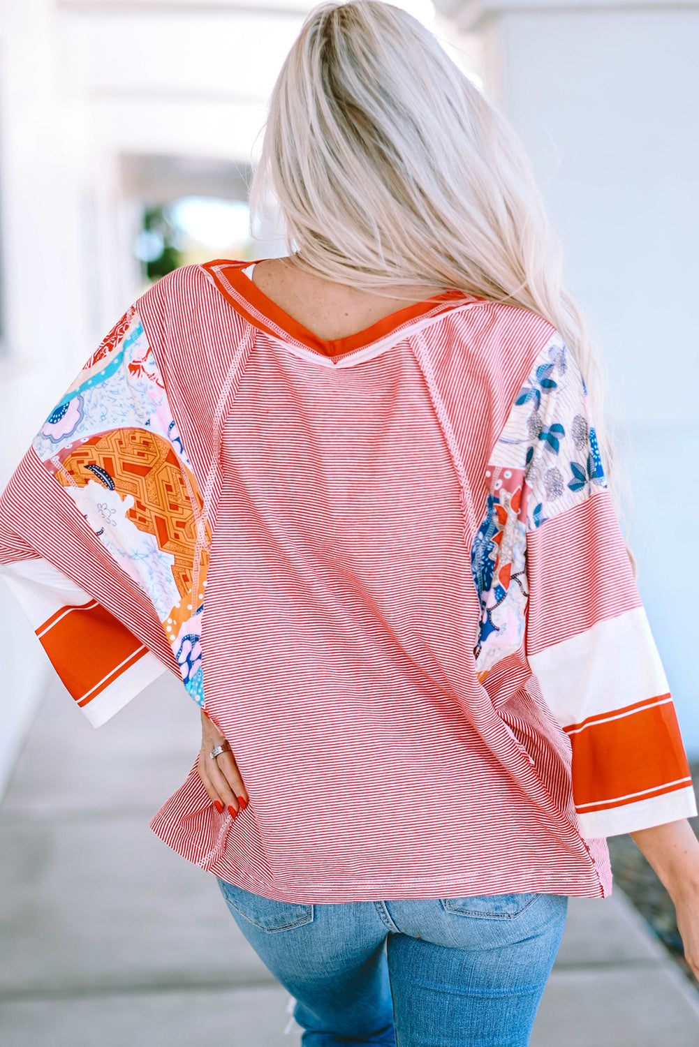 Pinstriped Color Block Patchwork Oversized Top