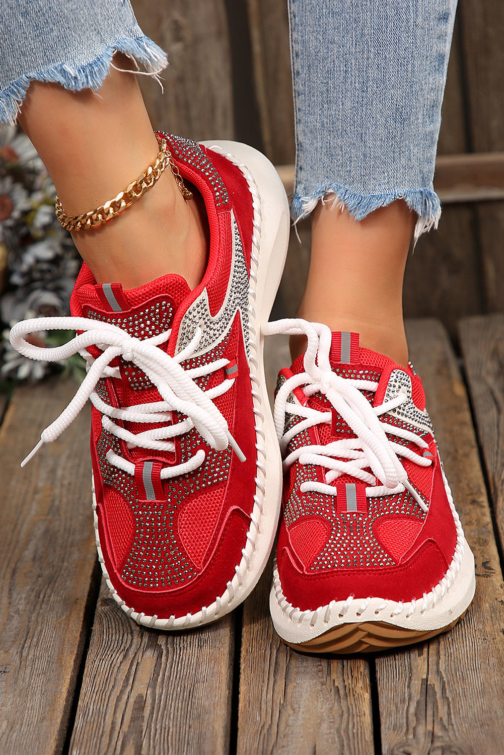Embellished Colorblock Rhinestone Colorblock Patchwork Lace-up Breathable Sneakers Style