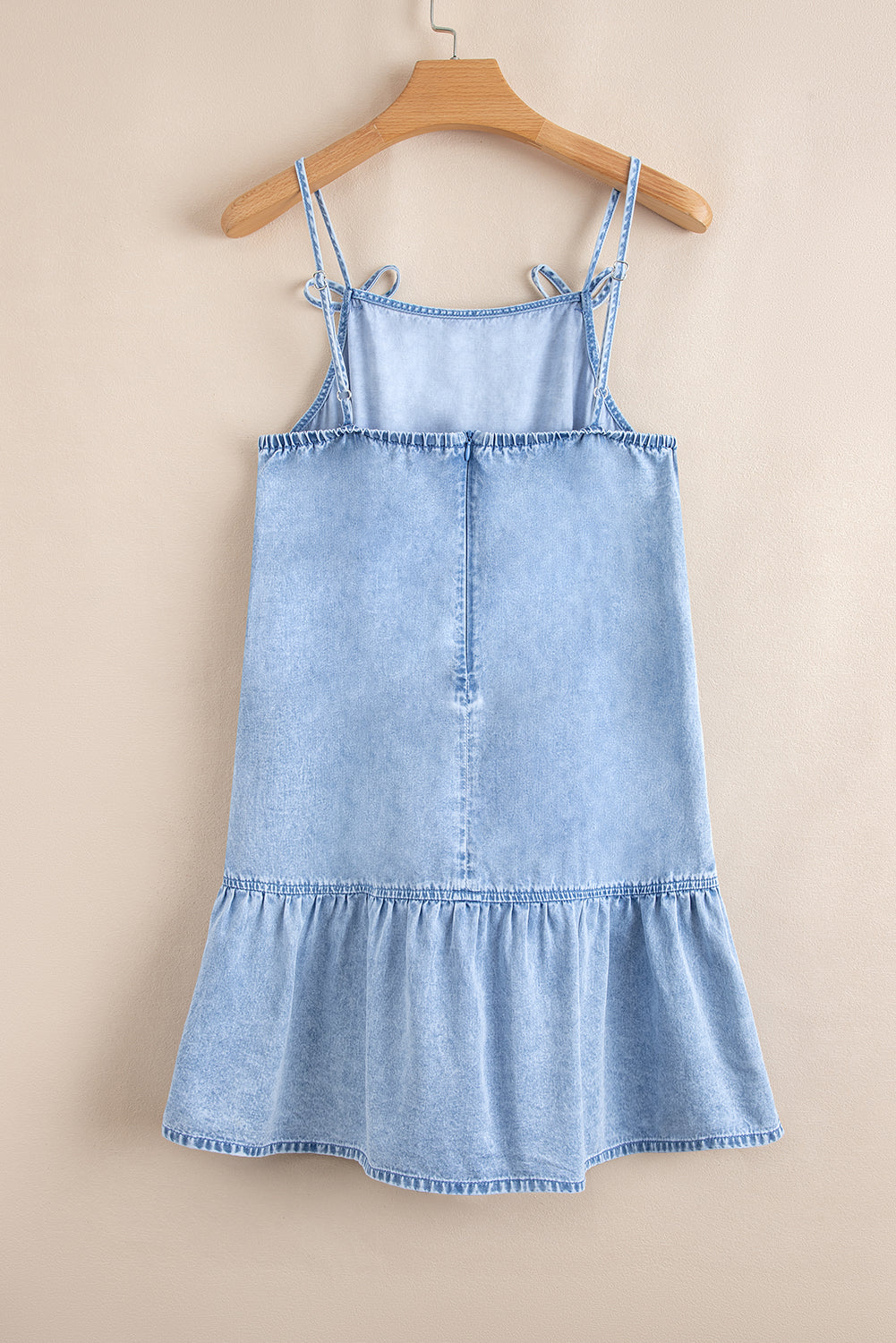 Detail Spaghetti Bow Spaghetti Straps Ruffle Hem Denim Short Dress