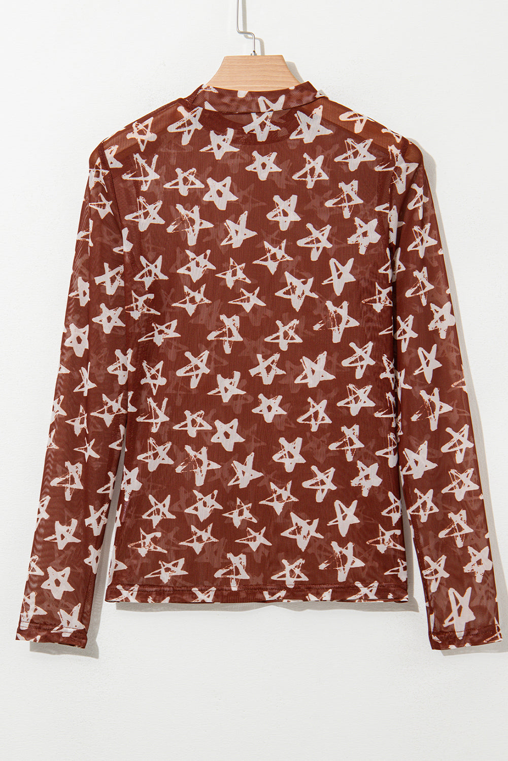 Print Mesh Star Mock-Neck Sheath Long-Sleeved Top