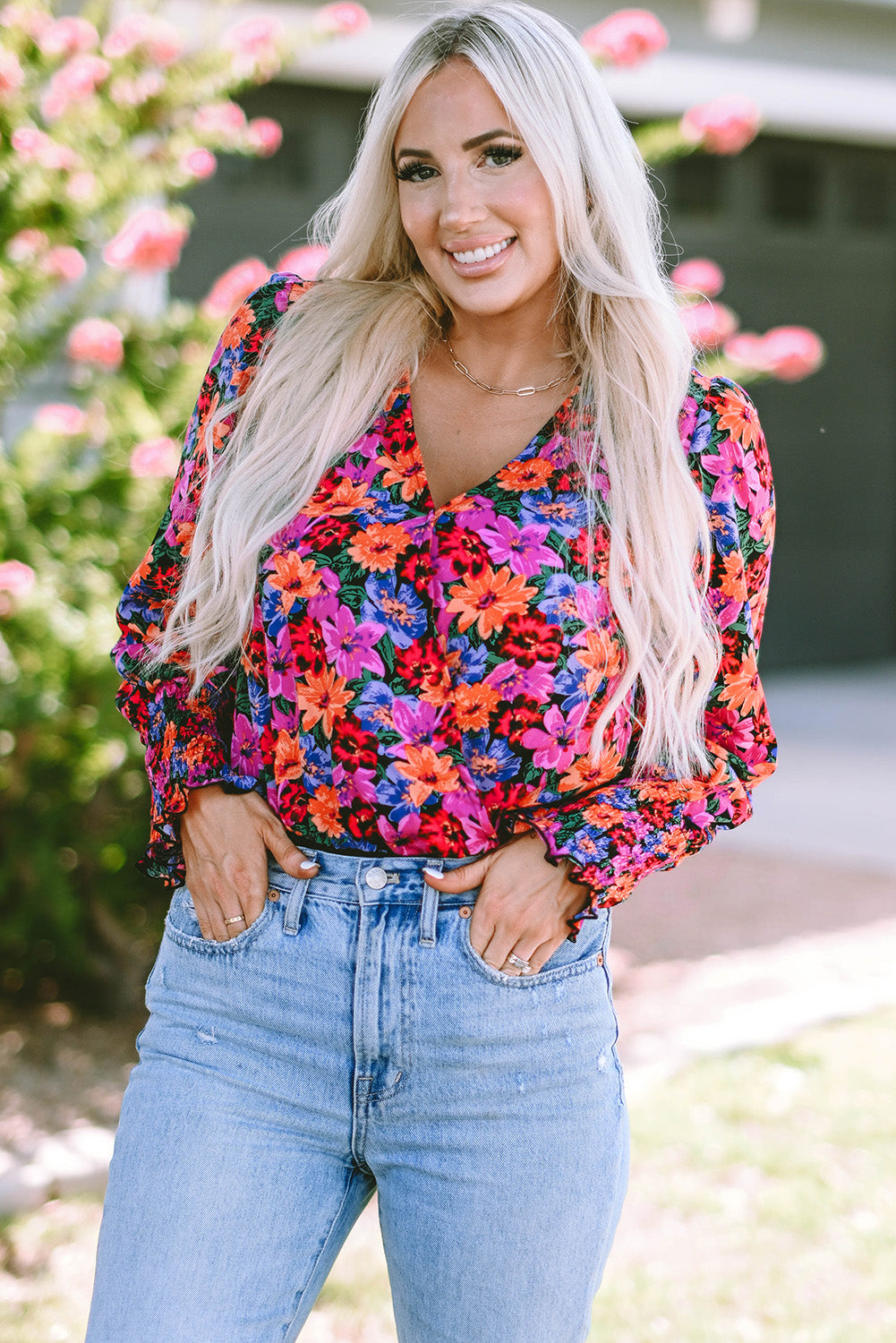 Women's Bodysuit with Wrap Long-Sleeve Floral-Print